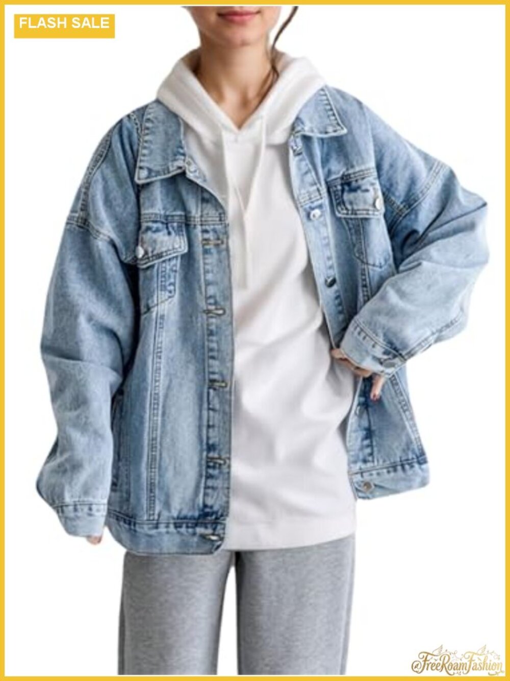 Oversized Denim Jacket Women Boyfriend Jean Jacket Trucker Button Up